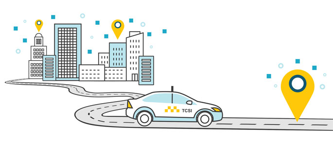 TCSI homepage info graphic depicting a taxi moving to a destination