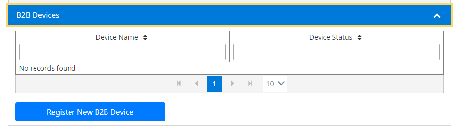 This image is a screenshot of the PRODA "B2B Devices" dropdown in PRODA. It highlights the "Register New B2B Device" button.